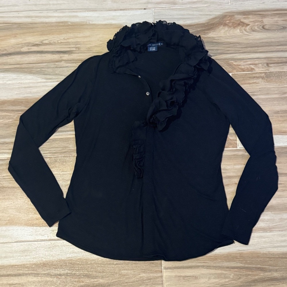 Ralph Lauren Black Ruffle Jabot Top L Viscose Cotton Long Sleeve Henley Blouse